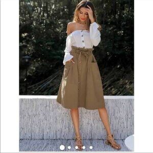 Sadie & Love Olive Green Paper Bag Waist Midi Skirt Pockets 100% Cotton Medium